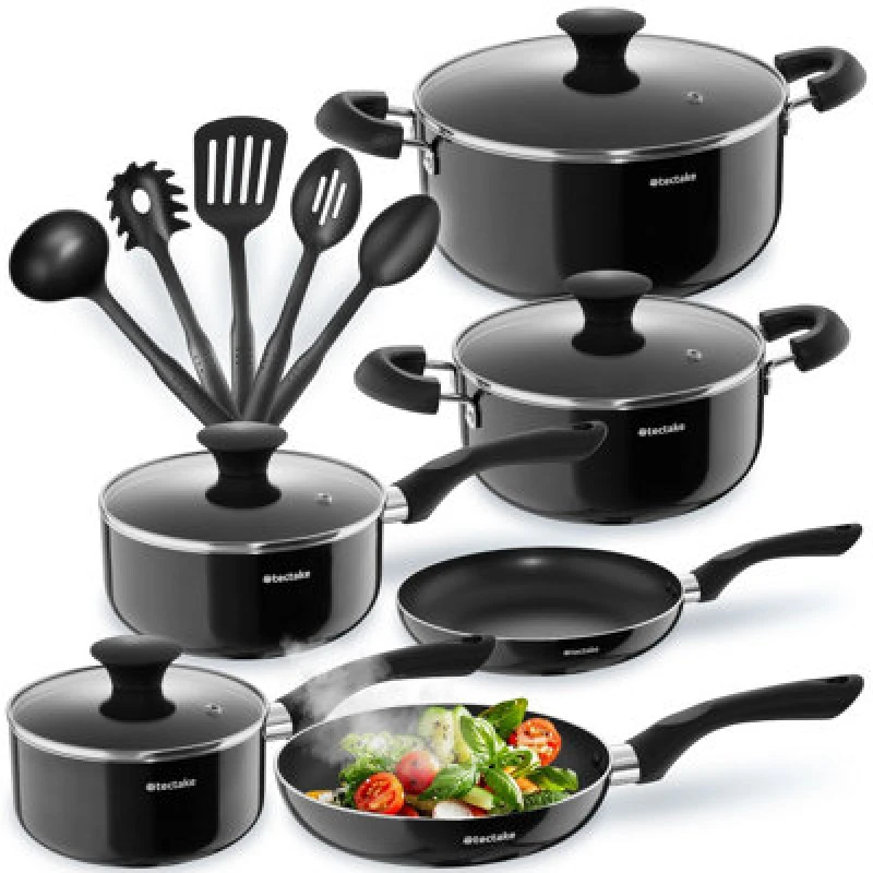 Image of Tectake Pan Set Varese - 15 Piece, 4 Pots, 2 Pans, Non-Stick, Including Kitchen Utensils - Black