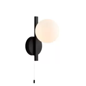 Image of Matt Black Contemporary Bathroom Wall Light & Opal Sphere Glass Shade IP44 Rated