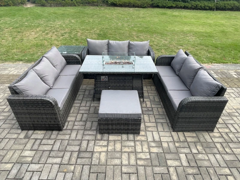 Image of Fimous Rattan Furniture Garden Dining Set Gas Fire Pit Table With Side Table 3 Seater Sofa Footstool Dark Grey Mixed Dark Grey