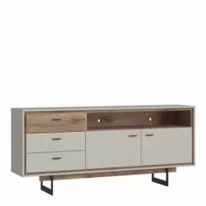 Image of Rivero 2 Door 3 Drawer Open Shelf Sideboard In Grey And Oak