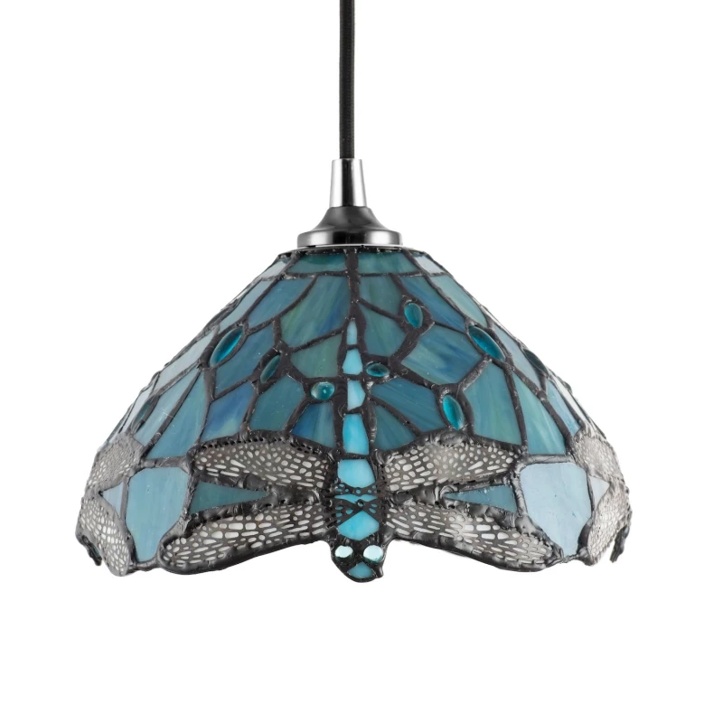 Image of Happy Homewares Dragonfly Themed Stained Glass Tiffany Pendant Lighting Shade with Beads in Emerald Emerald Unisex