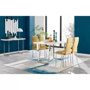Image of Furniture Box Kylo White High Gloss Dining Table and 4 Mustard Velvet Milan Chairs
