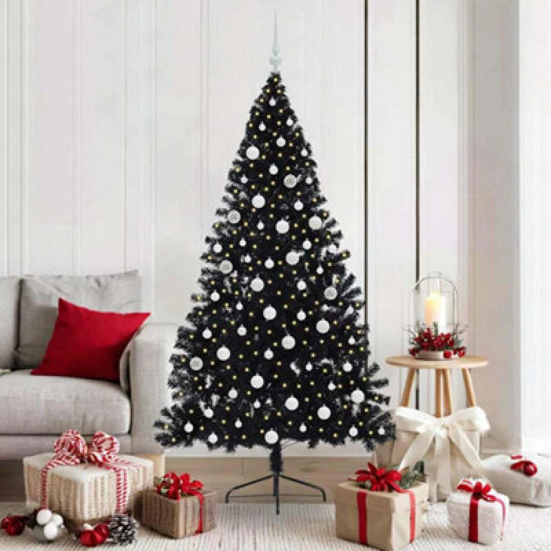 Image of vidaXL Artificial Pre-lit Christmas Tree with White Balls Black 180cm PVC, Black 3397144