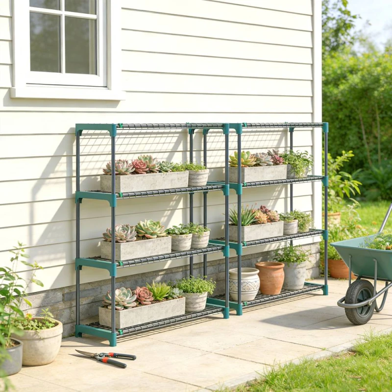 Image of Outsunny 4-Tier Plant Stand Indoor Outdoor, Set of 2 Metal Plant Shelf, Green 84H-558V00DG