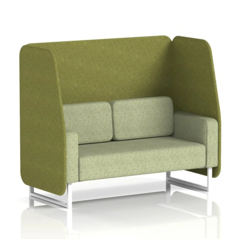 Image of Brixworth 2 Seater Open Office Booth with White Legs in Rivet Fabric - Olive Panels and Burnish Sofa