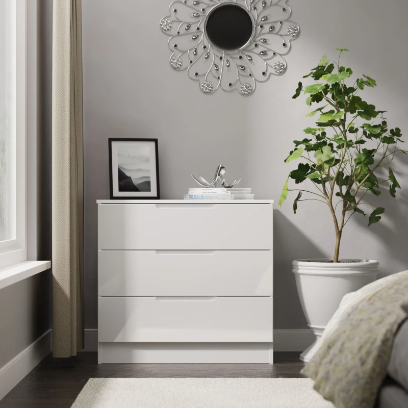 Image of Welcome Furniture Ready Assembled Milan 3 Drawer Chest In White Gloss & White MIL010WGW