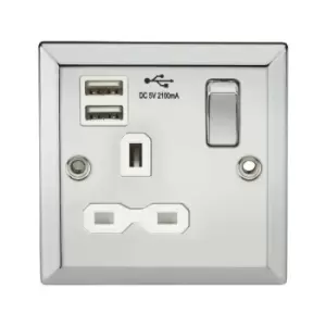 Image of Knightsbridge - 13A 1G Switched Socket Dual usb Charger Slots with White Insert - Bevelled Edge Polished Chrome