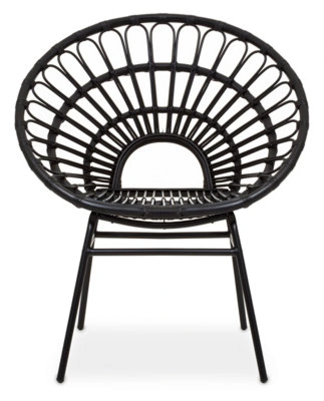 Image of Orsina Natural Rattan Black Round Petal Chair With Black Metal Legs, Rattan Dining Chair, Rattan Lounge Chair