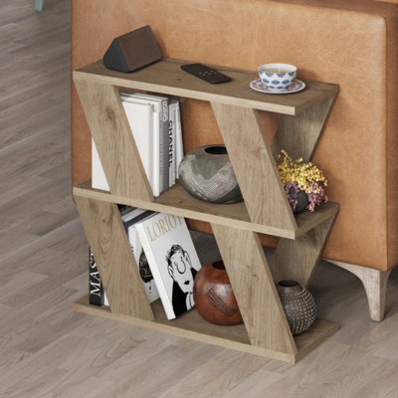 Image of Decortie Lazena Modern 3-Tier Side Table, Natural Oak, Slim Particleboard End Table H55.4Cm