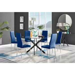 Image of Furniture Box Novara Black Leg 120Cm Round Glass Dining Table and 6 Navy Velvet Milan Chairs