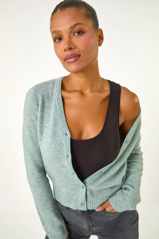 Image of Roman Shimmer V-Neck Ribbed Cardigan Dark Green