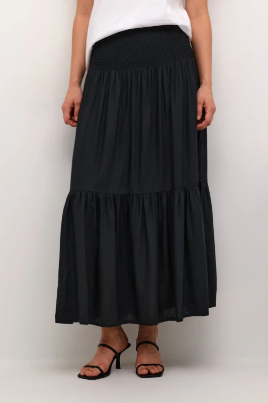 Image of Kaffe Womens Maxi Smock Waist A-Line Fit Skirt in Black Size: Medium/Large Black Female M/L
