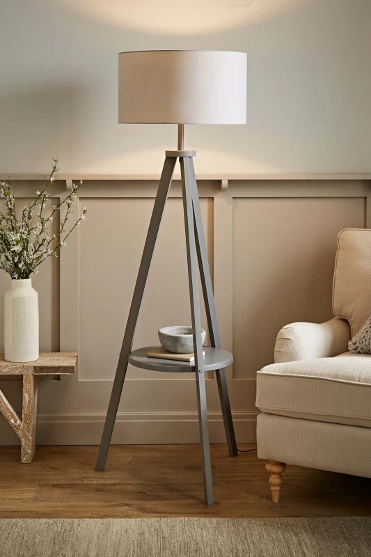 Image of MINISUN Grey Wooden Tripod Floor Lamp Base Large Fabric Lampshade Shades Living Room Lighting - Grey B3519