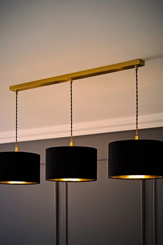 Image of ValueLights ValueLights Reni Black Velvet & Gold Shade 3 Drop Bar Gold Diner Ceiling Light with Bulbs Black One Size Unisex 5059406064074