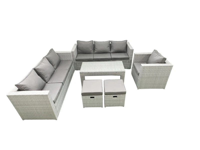 Image of Fimous Wicker PE Rattan Sofa Garden Furniture Set with Oblong Coffee Table Armchair 2 Small Footstools Light Grey Mixed Light Grey