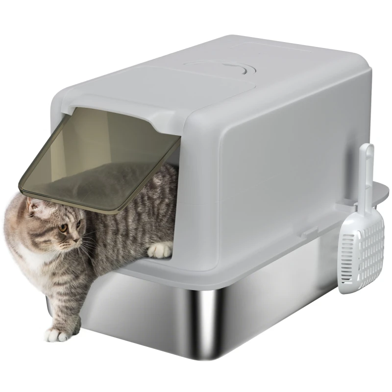 Image of PawHut Stainless Steel Cat Litter Box with Removable Lid, Scoop, Grey D31-103V00GY