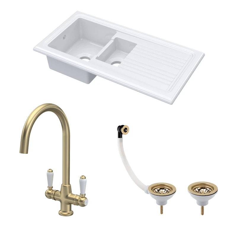 Image of BALTERLEY Fireclay Kitchen Bundle - 1.5 Bowl Sink & Drainer, Waste & Mono Lever Tap, 1010mm - Brushed Brass - Balterley BKS230WT12