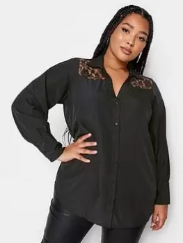 Image of Yours Yours Notch Neck Shirt Lace Yoke, Black, Size 14, Women