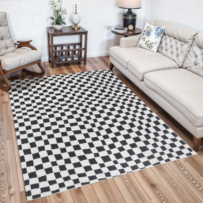 Image of Livabliss Scandi Modern High Pile Black Checkered Irina Area Rug 140 X 200 Cm - Easy Care, Ideal For Living Room & Bedroom