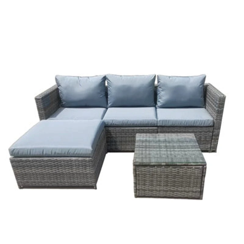 Image of Outdoor Rattan Corner Sofa, 3 Piece L-Shaped Rattan Garden Furniture Lounge Set With Glass Table, Soft Cushion - Gray
