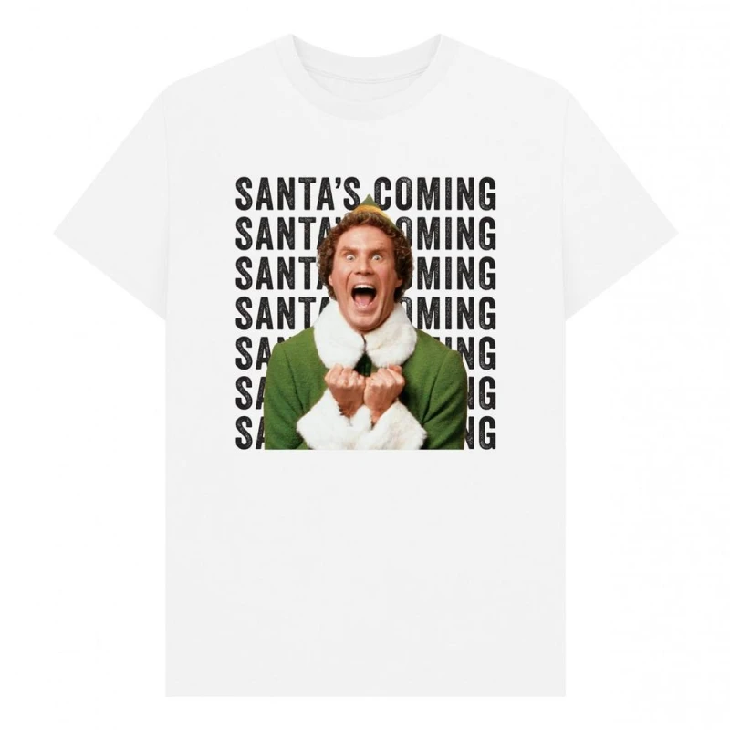Image of Elf Mens Santa's Coming Graphic T-Shirt in White Size: Small White Male S