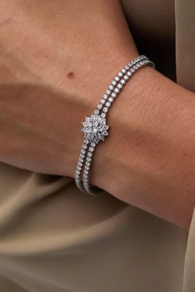 Image of Rhodium Plated Double Row Floral Bracelet