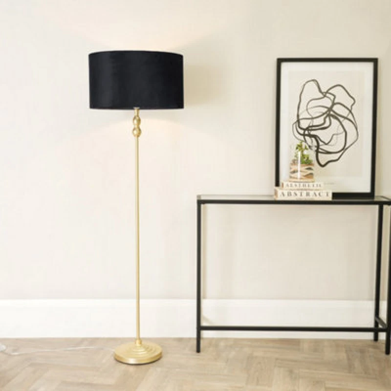 Image of ValueLights Maggie Gold Candlestick Floor Lamp with Velvet Lamp Shade Black