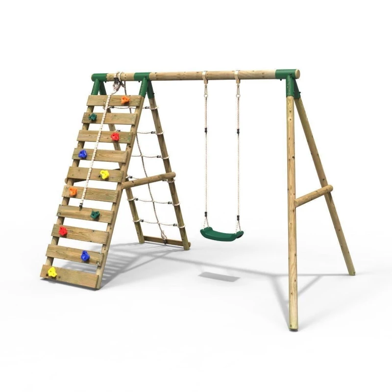Image of Rebo Wooden Single Swing Set with Up and Over Climbing Wall - Aria Green Green