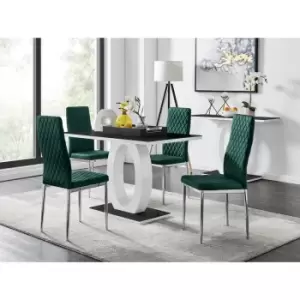 Image of Furniturebox UK - Furniturebox Giovani 4 Black Dining Table & 4 Green Milan Velvet Dining Chairs Diamond Stitch Modern Contemporary Chrome Metal