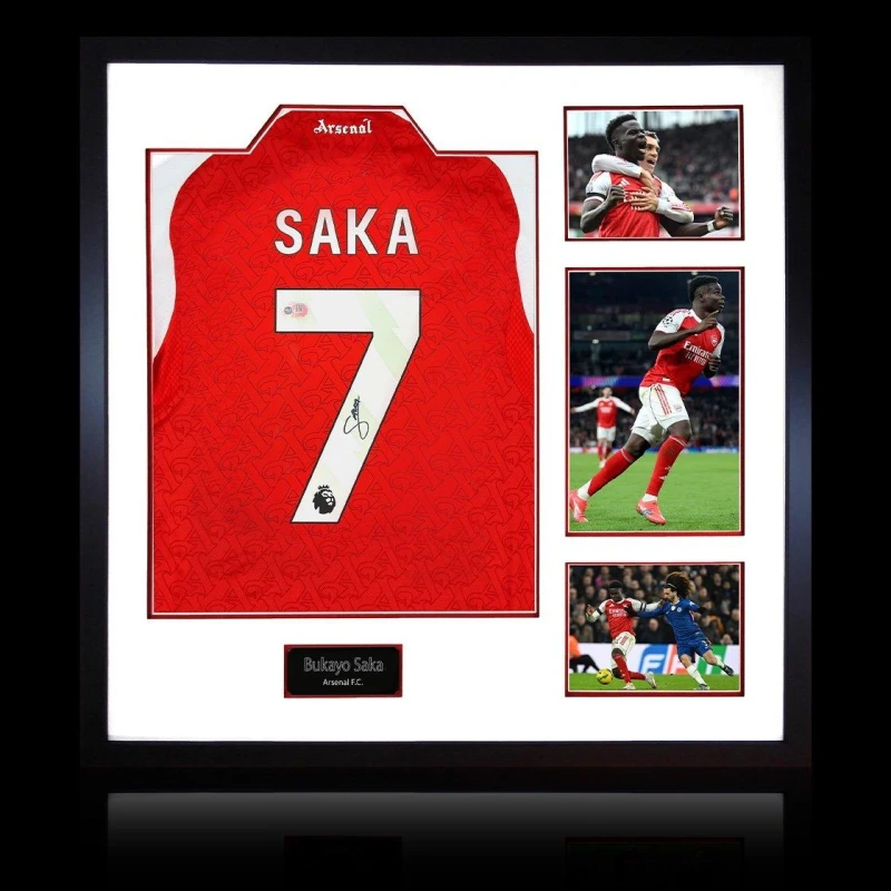 Image of The Fan Cave Bukayo Saka Signed Arsenal Shirt Elite Frame Red unisex 820mm x 82