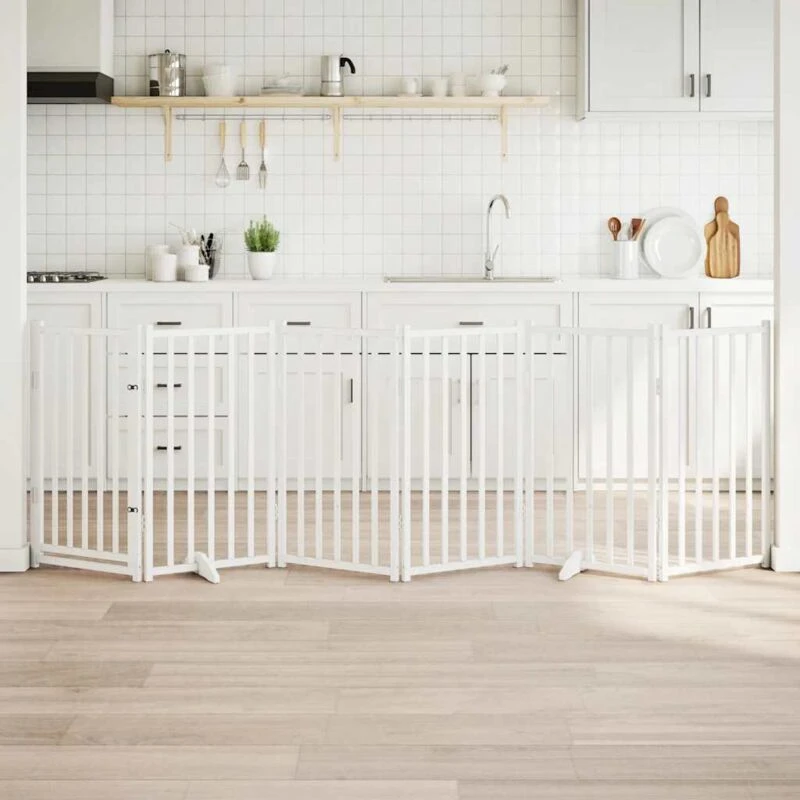 Image of vidaXL Dog Gate with Door Foldable 6 Panels White 300cm Solid Wood Fir, White 352279