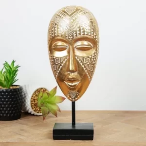 Image of Ornate Gold Finish African Mask on Stand Sculpture