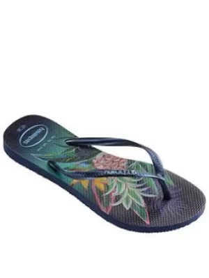 Image of Havaianas Slim Tropical Flip Flops, Navy, Size 5, Women