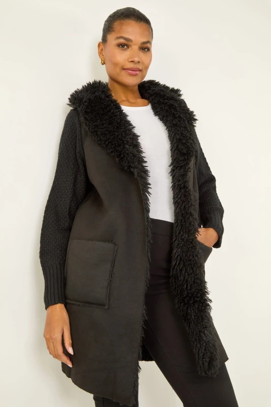 Image of Roman Longline Faux Shearling Knit Coatigan Black female