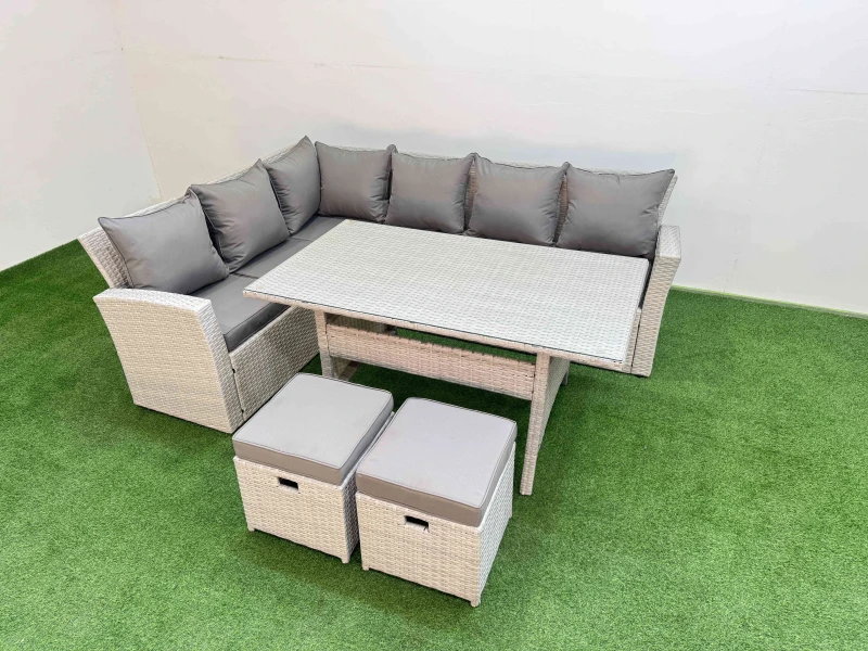 Image of Fimous 8 Seater Rattan Garden Furniture Set with Dining Table 2 Small Stools in Light Grey Light Grey Unisex