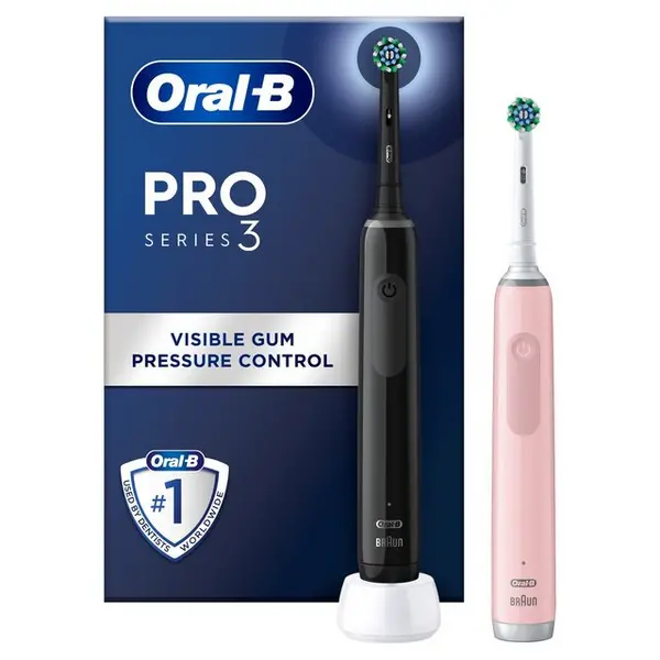 Image of Oral B Pro 3 3900 Visible Gum Pressure Control Black & Pink Electric Toothbrush Duo Pack