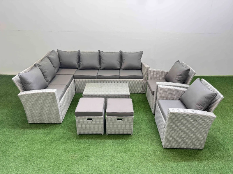 Image of Fimous 10 Seater Garden Outdoor PE Rattan Furniture Set with 2 Small Stools in Light Grey Light Grey Unisex