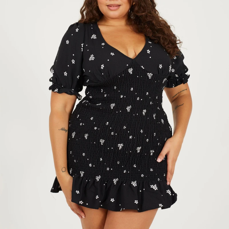 Image of Brave Soul BS Plus Size Puff Sleeve Mini Dress with Frill Hem Black/White female 18 (2XL)