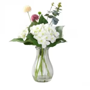 Image of Faux Pink and White Floral Arrangement in Tear Drop Clear Glass vase