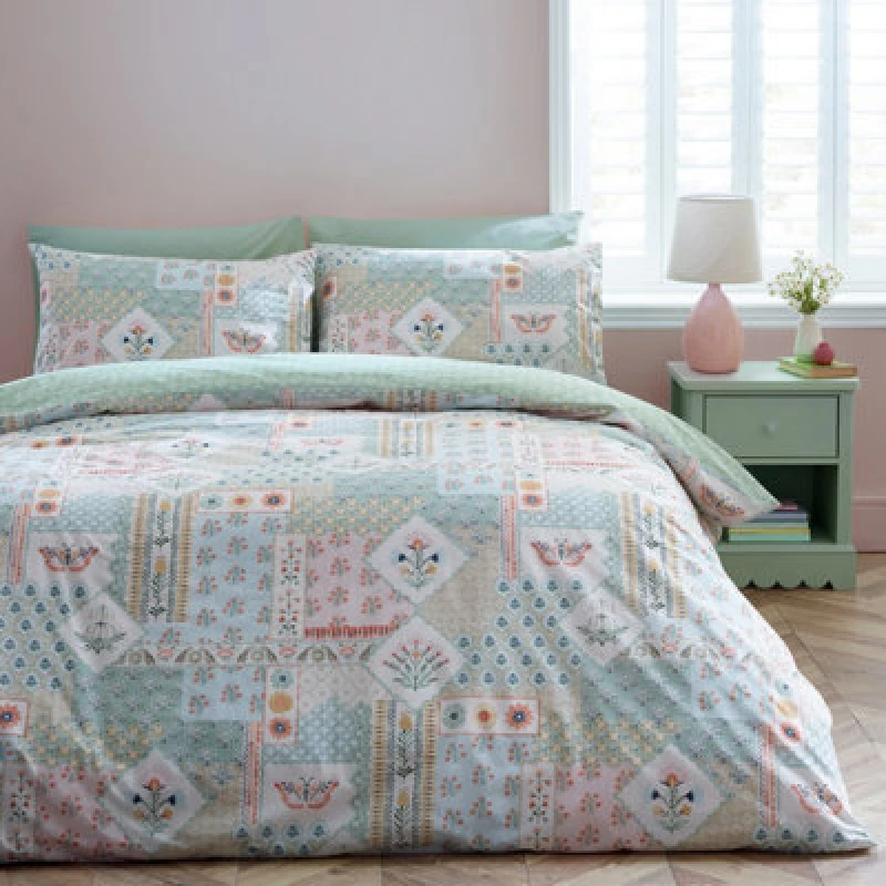 Image of Catherine Lansfield Folk Patchwork Duvet Cover Bedding Set Green