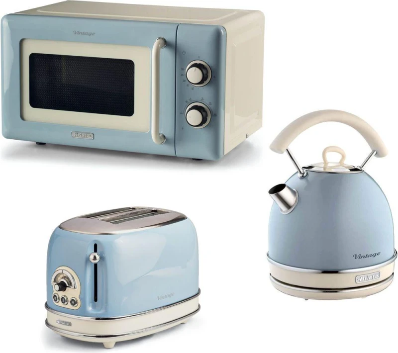 Image of ARIETE Vintage ARPK66 Microwave, Traditional Kettle & 2-Slice Toaster Bundle - Blue 5016368010297