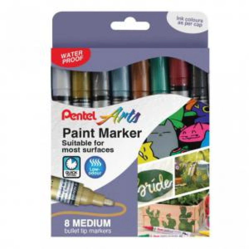 Image of Pentel mmp10 Paint Markers, Medium 4.5mm Bullet Tip, Metallic Colours (8 Marker Pens)
