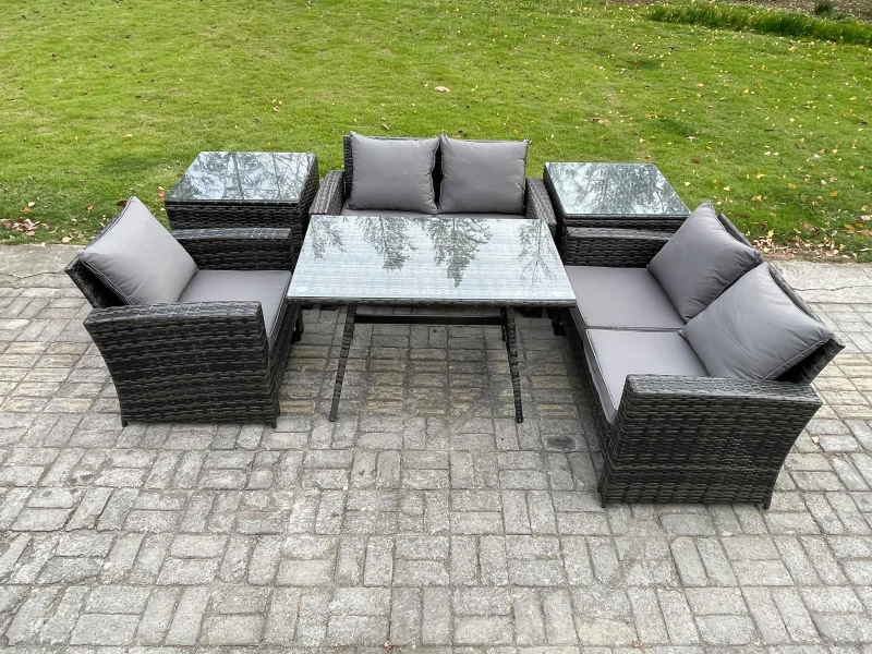 Image of Fimous Wicker PE Rattan Garden Dining Set Outdoor Furniture Sofa with Rectangular Dining Table Love Seat Sofa 2 Side Tables in Dark Grey Dark Grey Uni