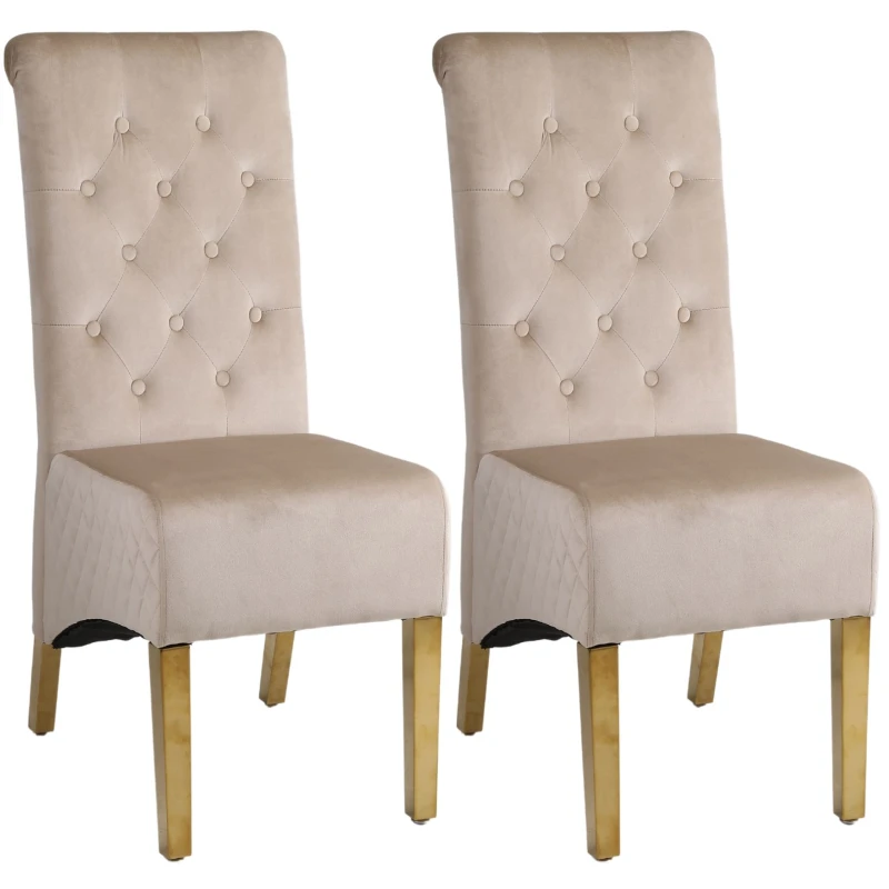 Image of Modernique Modernique A Pair (x2) Velvet High Back Dining Chairs with Golden Chrome Knocker & Legs in Beige Beige One Size Unisex 5061017320340