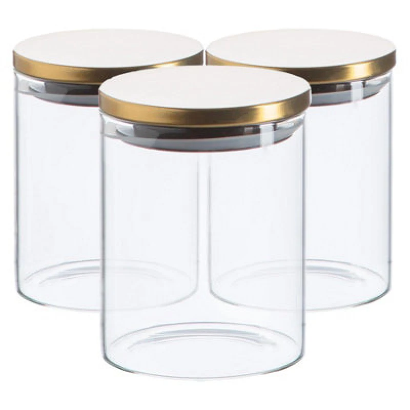 Image of Argon Tableware Glass Storage Jars - Gold Lid - 750Ml - Modern Round Scandi Organisation Container Glass Jar - Set Of 3