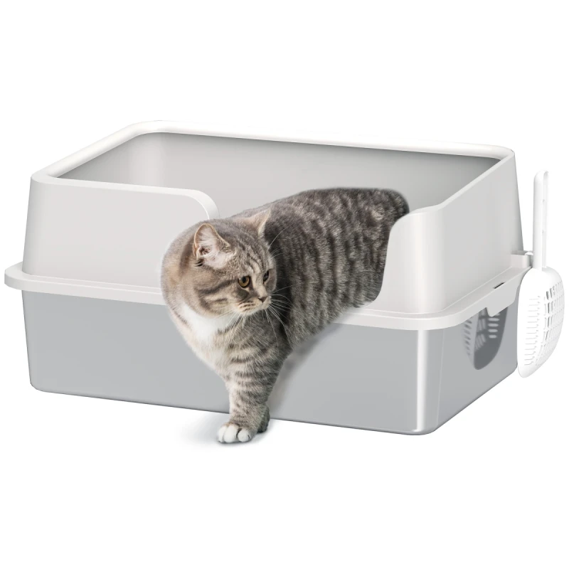 Image of PawHut Stainless Steel Litter Box, High Sided Metal Cat Litter Tray w/ Scoop, Grey D31-130V00LG