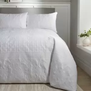 Image of Avery Stripe Pinsonic Textured Peach Skin Duvet Cover Set, White, Double - Serene