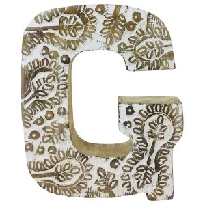 Image of Letter G Hand Carved Wooden White Flower