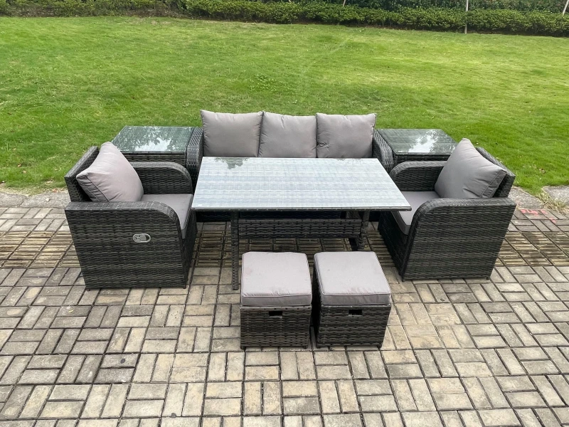 Image of Fimous 7 Seater Rattan Outdoor Garden Furniture Set Rectangular Dining Table & Chair Sofa Set With 2 Side Tables in Dark Grey Dark Grey Unisex
