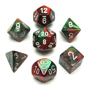 Image of Chessex Gemini Poly 7 Dice Set: Green-Red/White